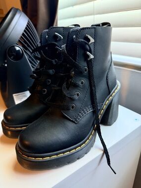 Dr. Martens Black Lace-Up Chunky Heel Ankle Boots with Yellow Stitching